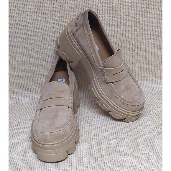 Steve Madden Beth Loafers Chunky Y2K Suede Leather Tan Platform Shoes Size 6.5 - Picture 1 of 11
